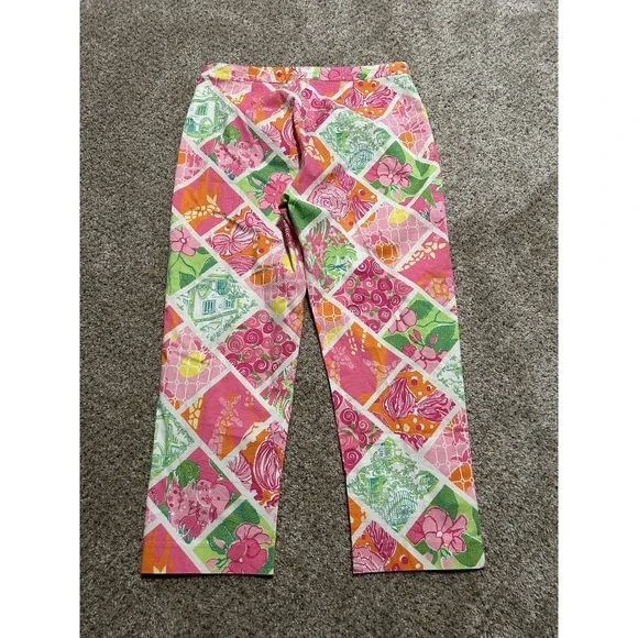 Lilly Pulitzer Chino Pants Womens 10 Pink Green Floral Patch Work - Picture 2 of 8